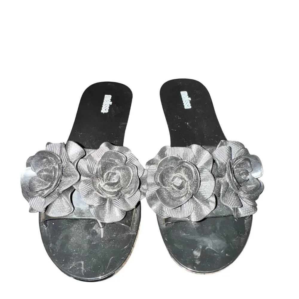 Melissa Babe Garden Slides Women's Size 6 Black Floral Slip On Shoe Sandals